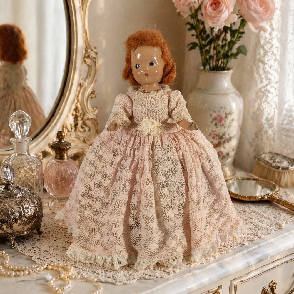 Vintage Composition Lace Doll Figurine 1940s Kitsch Decor 5-Way Jointed